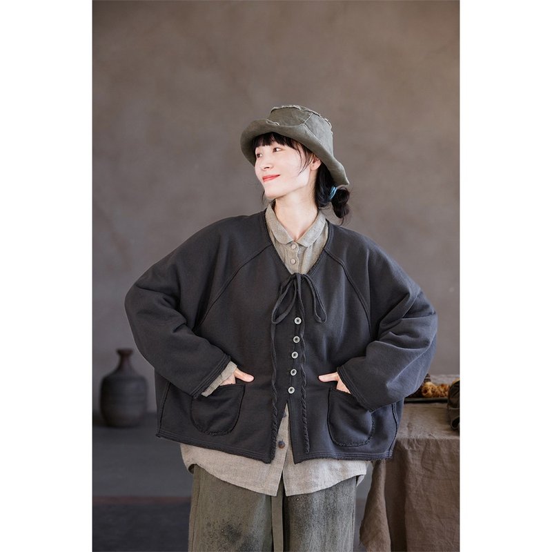 三季款儒雅灰松弛百搭针织V领开衫 - 女装针织衫/毛衣 - 棉．麻 