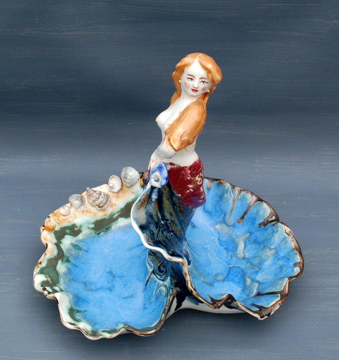 Ceramic sculpture Mermaid Decorative vase Porcelain Figurine Girl sea Candy bowl - 花瓶/陶器 - 瓷 多色