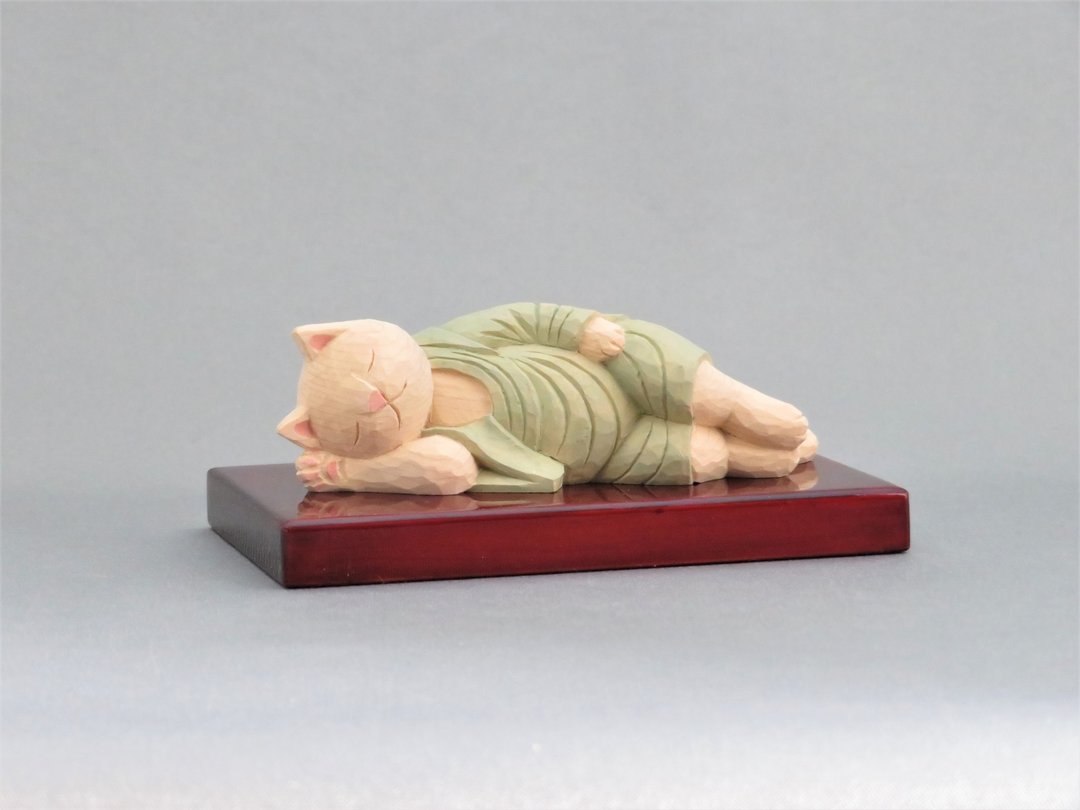 Wood carving Cat Buddha 1901 - 摆饰 - 木头 绿色