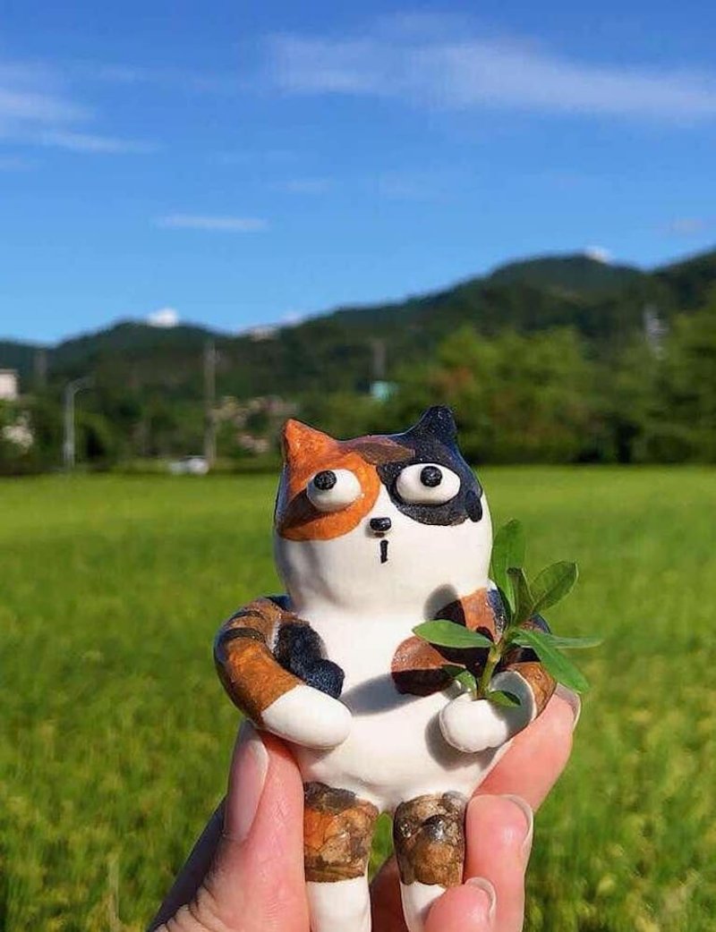 三花猫猫 线香座 干燥花 公仔 - 干燥花/捧花 - 瓷 白色