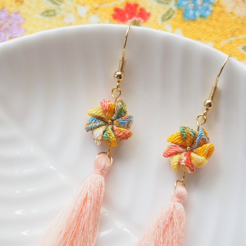 【幸运风车】贵妃黄布风车流苏定制耳环耳夹 14kgf 925 - 耳环/耳夹 - 聚酯纤维 黄色