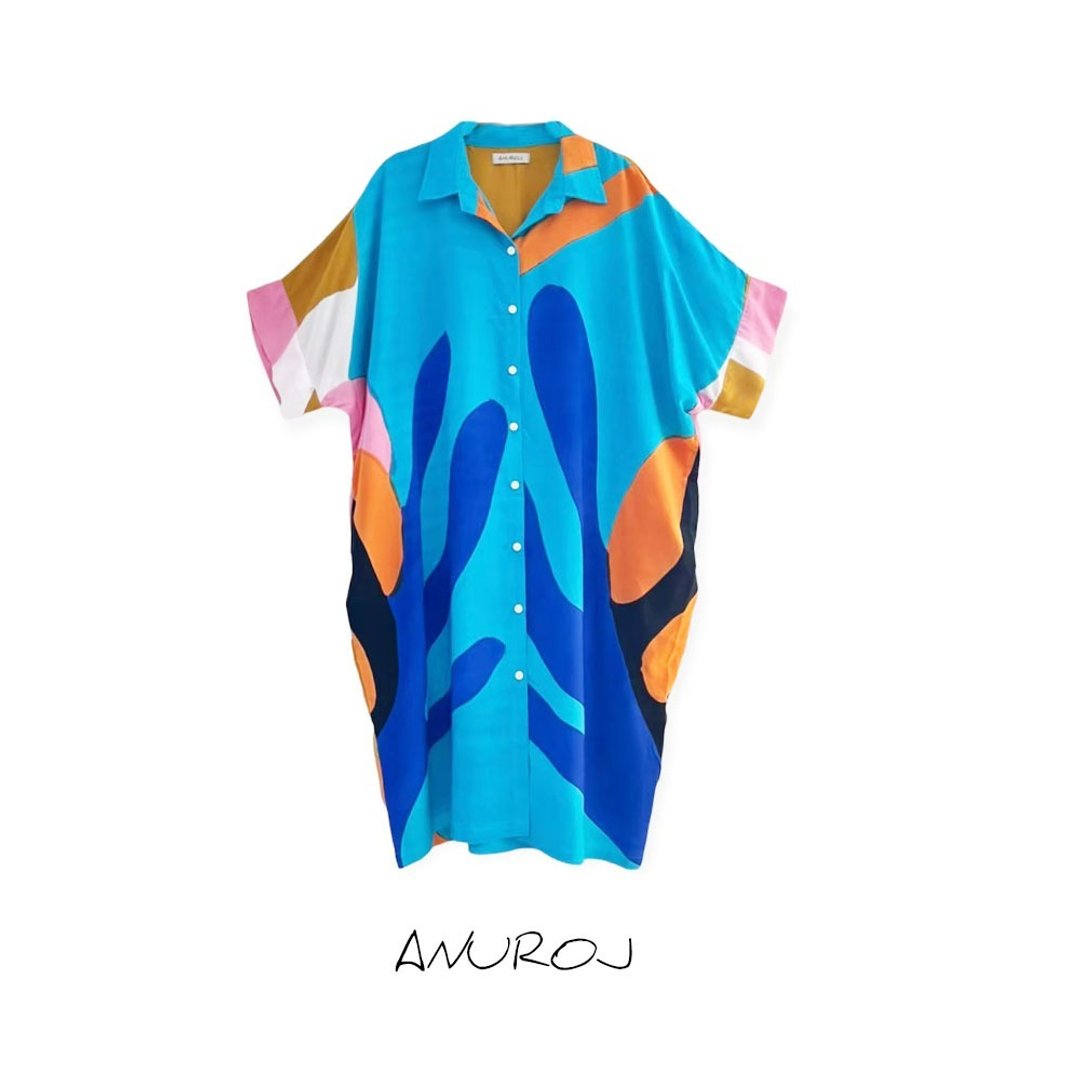 Shirt Dress Kaftan Cotton Rayon Hand Paint Free Size - 洋装/连衣裙 - 棉 蓝色
