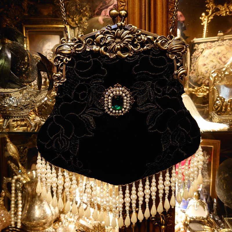 复古黑色丝绒玫瑰花手袋 - 手提包/手提袋 - 其他材质 黑色