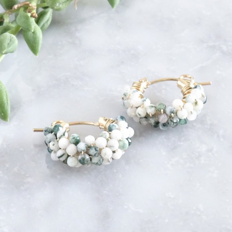 14kgf*Tree Agate pavé earring / pierced earring - 耳环/耳夹 - 宝石 绿色