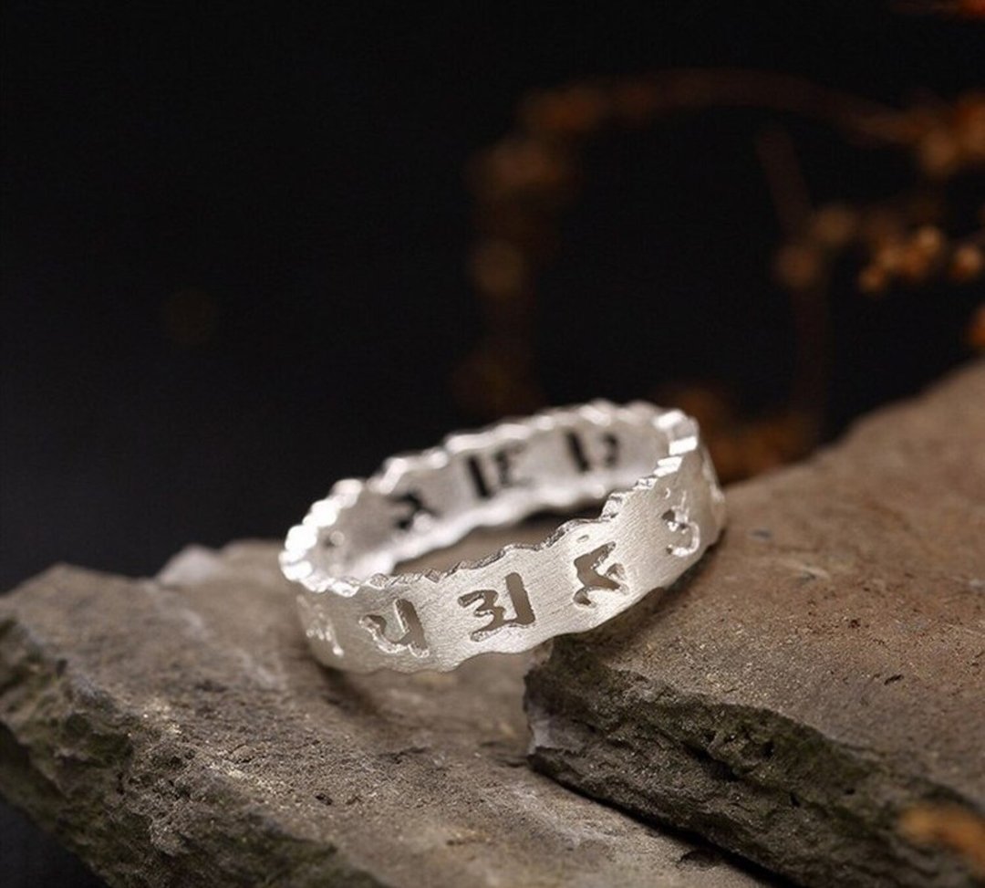 S 925 Sterling Silver Jewelry Handmade Brushed Hollow Buddhism Mantra Ring - 戒指 - 银 银色