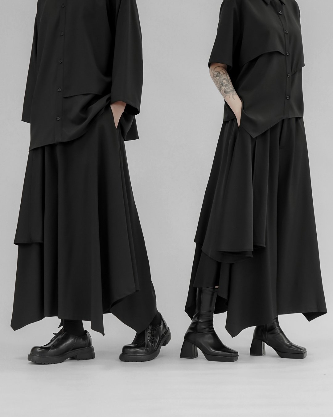 MUKK DESIGN 反折活片造型宽裤裙 - 中性裤装 - 聚酯纤维 黑色