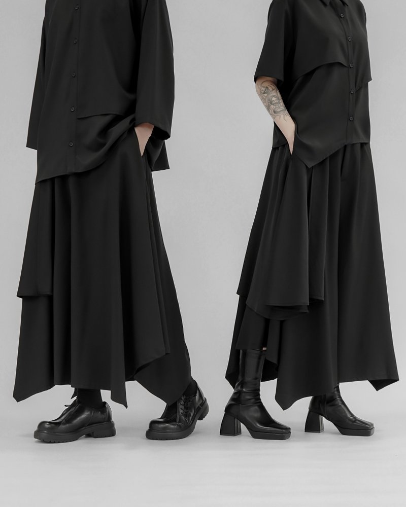 MUKK DESIGN 反折活片造型宽裤裙 - 中性裤装 - 聚酯纤维 黑色