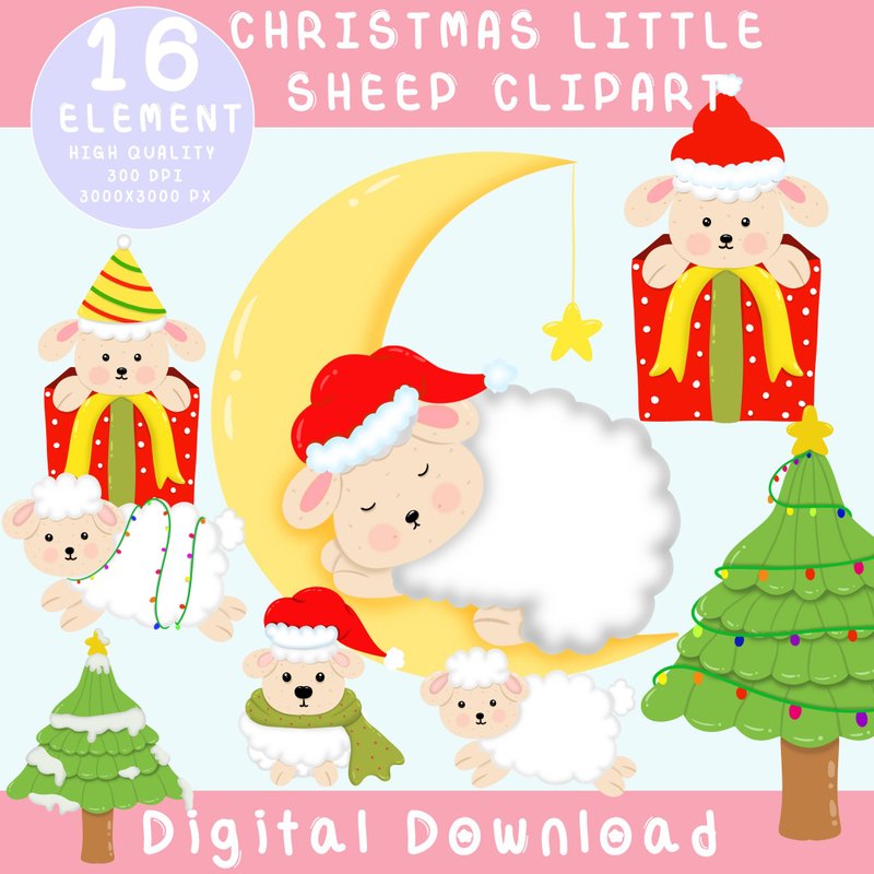 小绵羊圣诞快乐剪贴画数位下载数位贴纸 - 电子手绘真人画像/绘画/插画 - 其他材质 