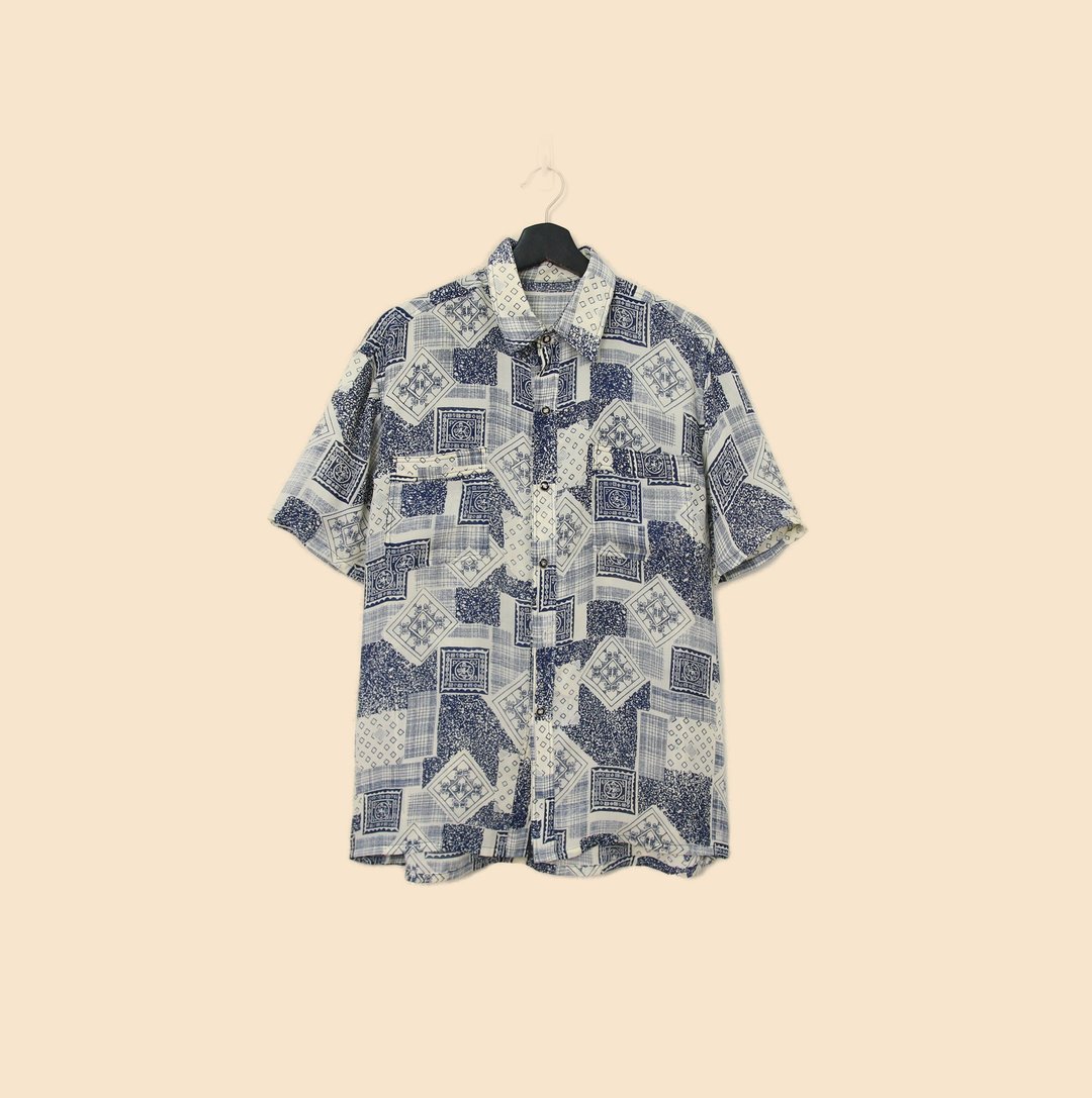 Back to Green-短袖花衬衫 民族交叠图框 ss-26 vintage shirt - 男装衬衫 - 棉 