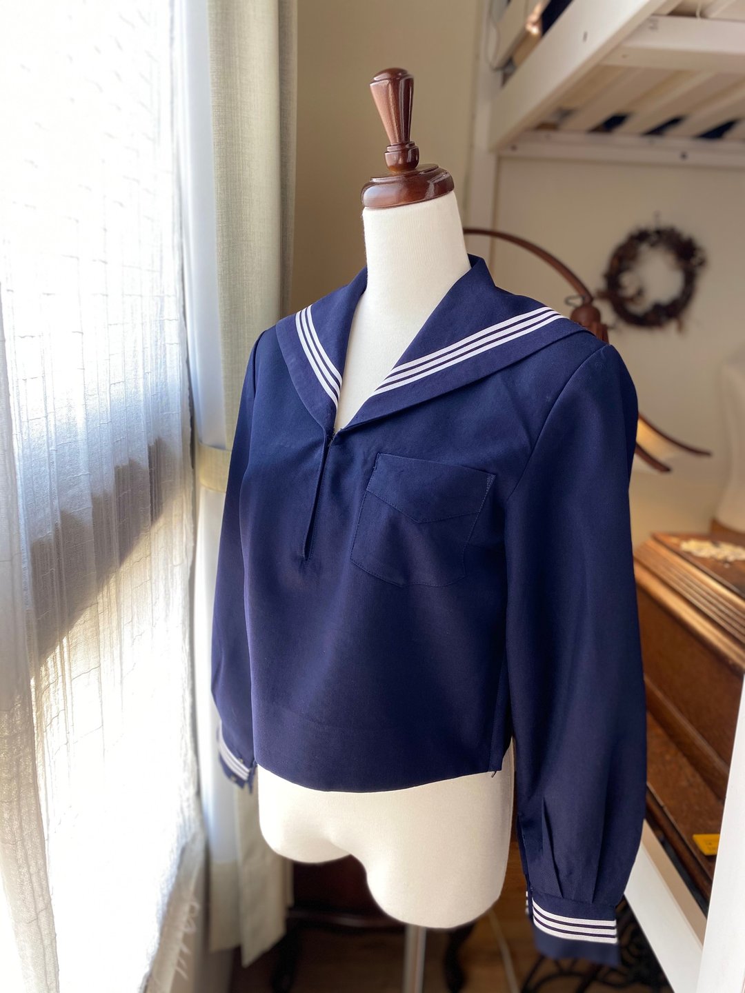日本制纯羊毛冬季学生三本线水手服古着上衣 - 女装上衣 - 羊毛 蓝色