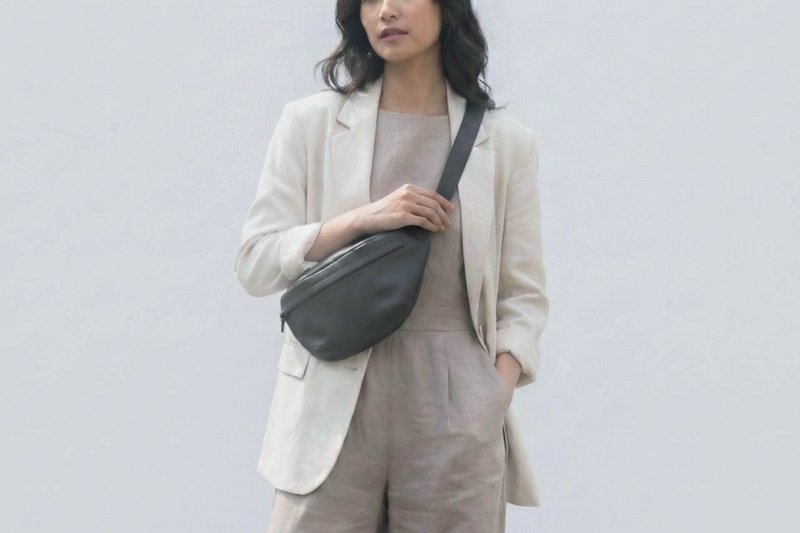 手工真皮腰包 | 船型包 | 斜跨包-质感黑 | 防刮抗污 |定制化礼物 - 侧背包/斜挎包 - 真皮 黑色