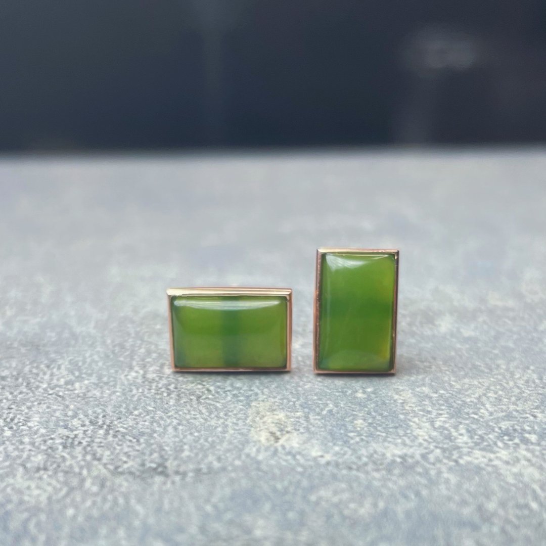 真挚 玉耳环 天然碧玉 A货 6x10mm x2 925 纯银 镀玫瑰金 礼物 - 耳环/耳夹 - 玉石 绿色