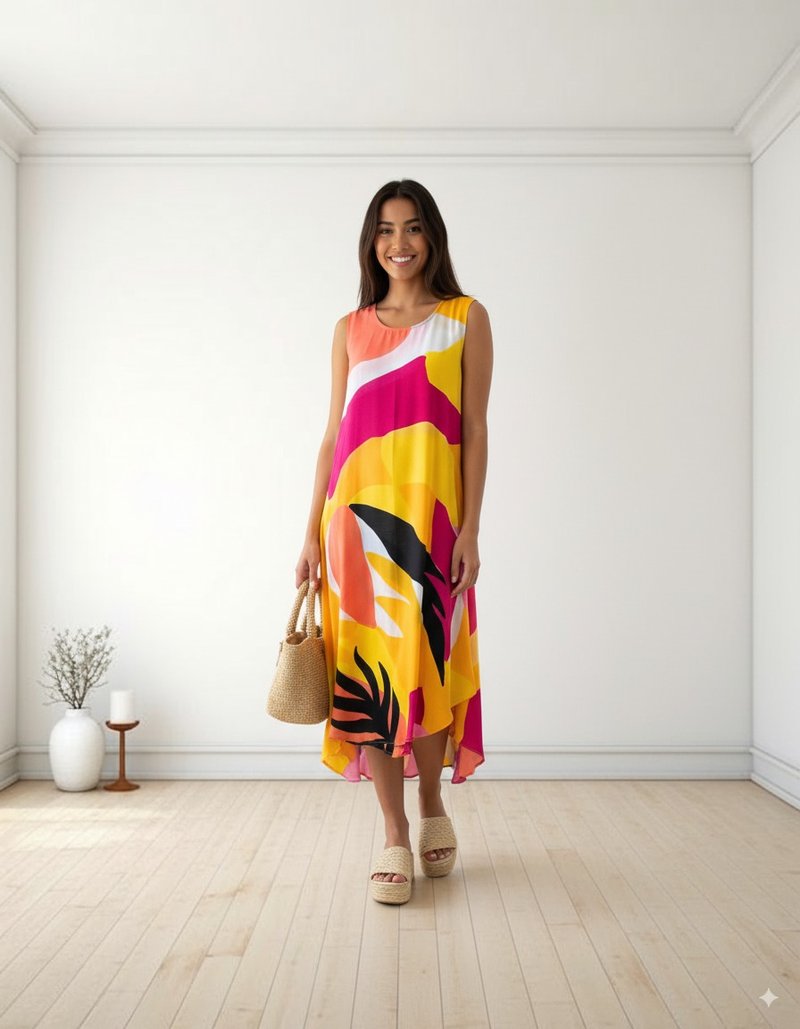 SAC SLEEVELESS  HANDPAINT  COLORFUL  RESORT DRESS FOR VACATI - 洋装/连衣裙 - 棉．麻 