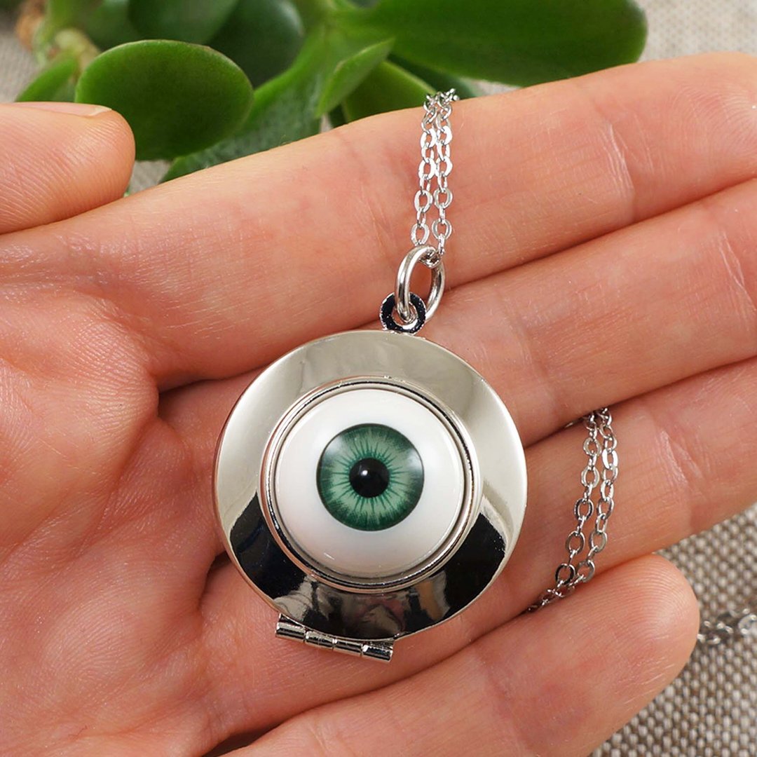 Green Human Eye Evil Eye Silver Photo Locket Protection Pendant Necklace Jewelry - 项链 - 其他材质 绿色