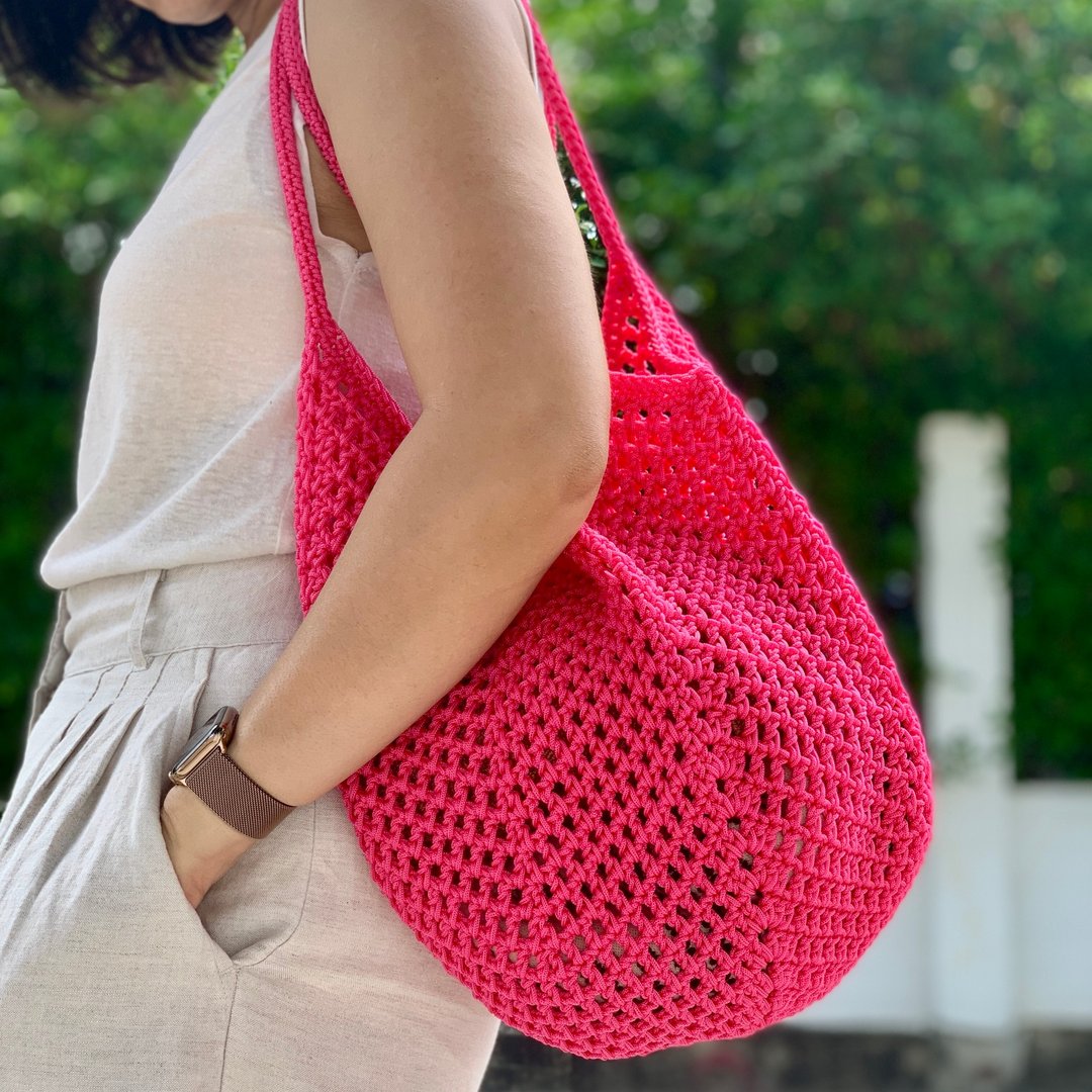 Linen Crochet Tote Bag in Hot Pink Color  手工钩针编织托 - 手提包/手提袋 - 聚酯纤维 粉红色
