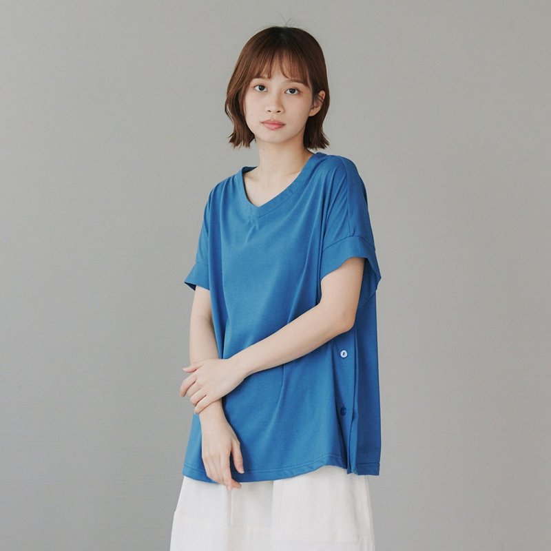【Simply Yours】V领落肩侧扣T 蓝F - 女装 T 恤 - 棉．麻 蓝色