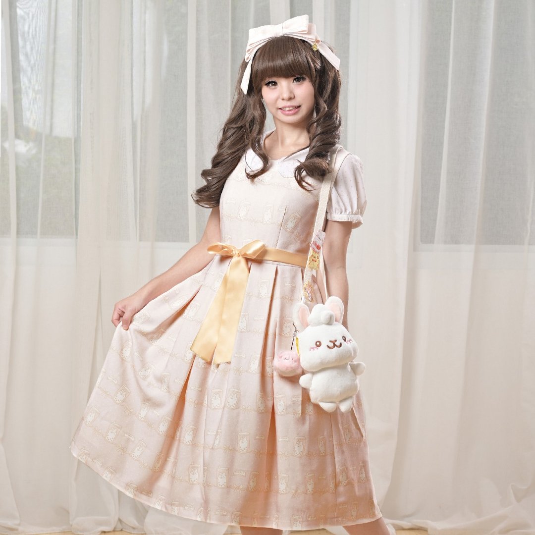 插画印花│日系可爱无袖收腰连身裙│萝莉塔│Lolita│珍珠奶茶 - 洋装/连衣裙 - 聚酯纤维 卡其色