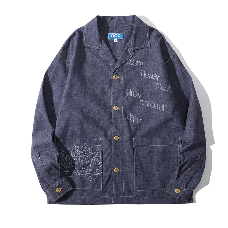 GOC Studio 手工刺绣菊花棉夹克 - 男装衬衫 - 棉．麻 蓝色