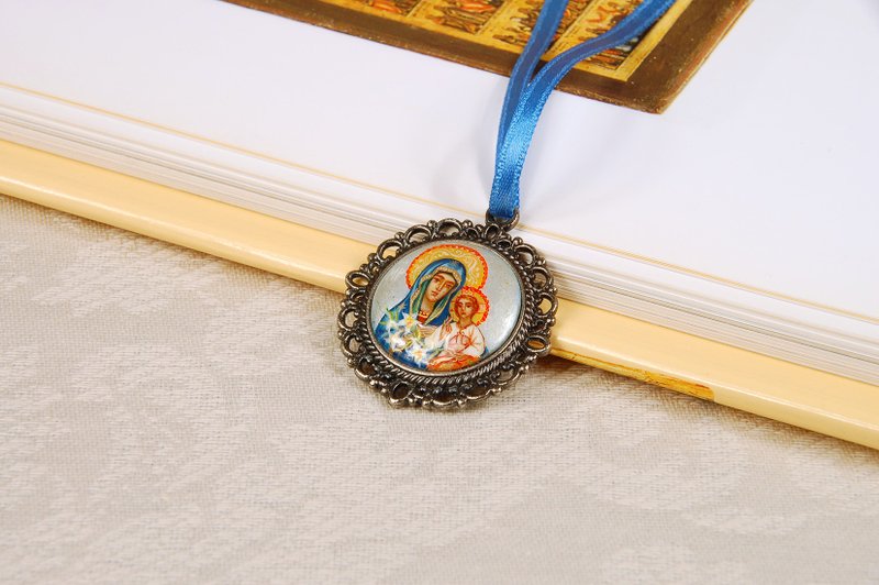 Icon pendant Virgin Mary religious necklace Orthodox Christian gift - 项链 - 其他材质 