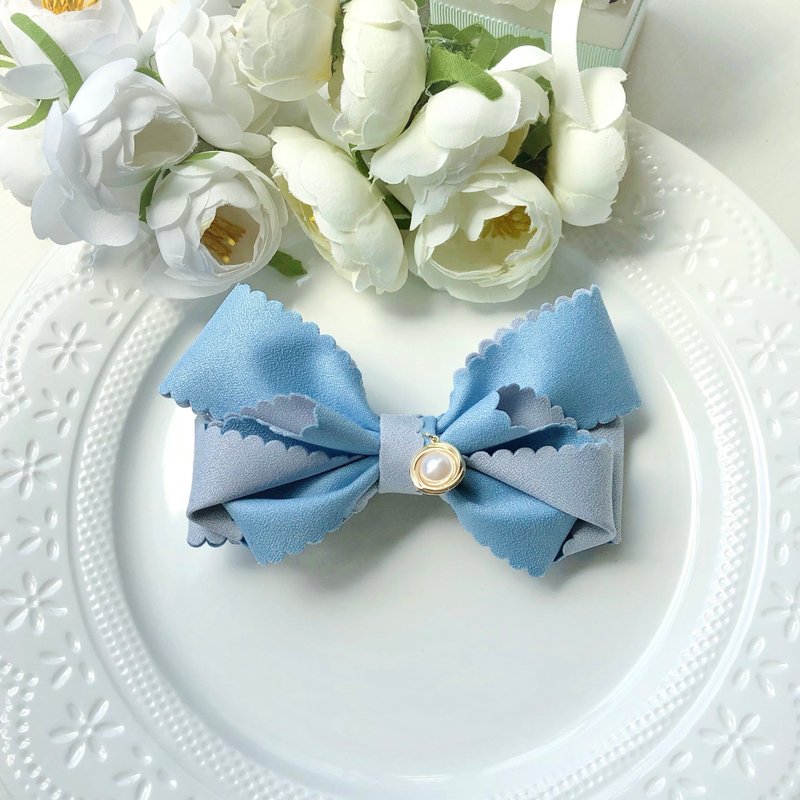 花边双色气质大款蝴蝶结弹夹发夹-蓝+灰 - 发饰 - 其他材质 蓝色