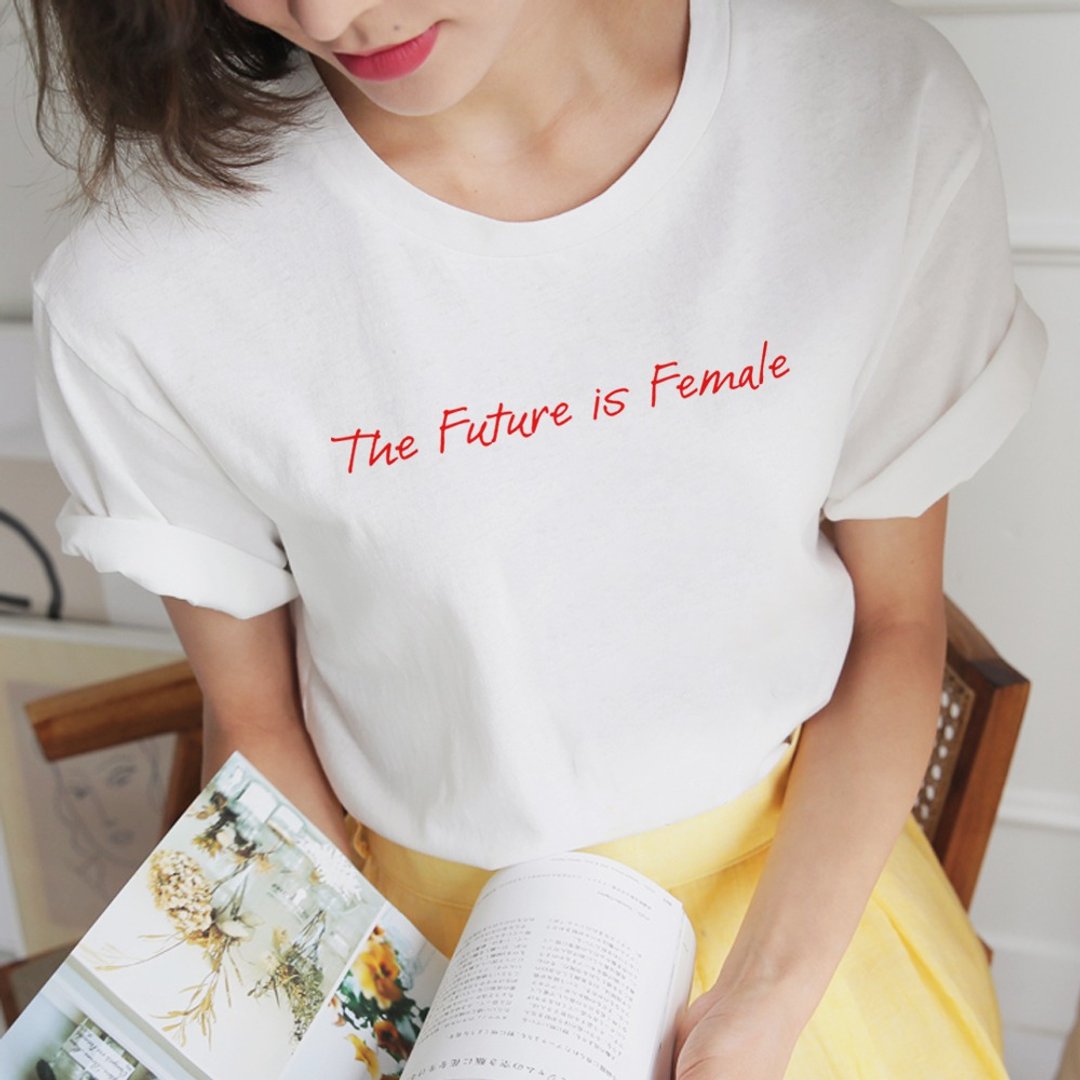 女力就是未来草写The Future is Female短袖T恤白色 手工印刷文字 - 女装上衣 - 棉 白色