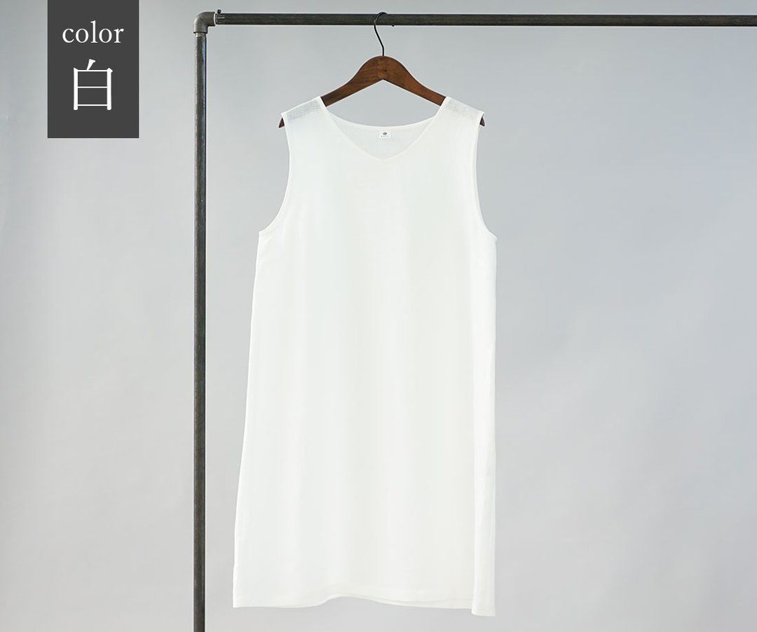 wafu - 純亞麻衬裙 Lightweight Linen V-neck Inner Dress / White p006a-wht1 - 洋装/连衣裙 - 亚麻 白色