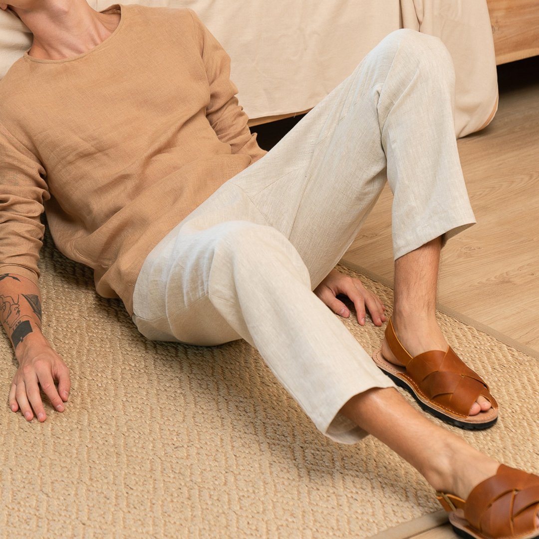 Mens linen lounge pants natural linen color, WEEKEND Solstice linen trousers - 女装长裤 - 棉 卡其色