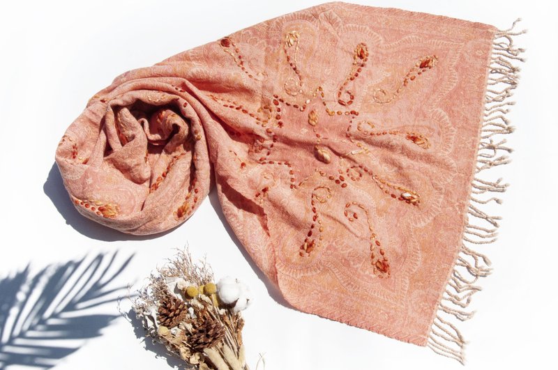 喀什米尔Cashmere/水煮羊毛披肩/针织围巾/刺绣围巾/羊绒披巾-花 - 围巾/披肩 - 羊毛 橘色