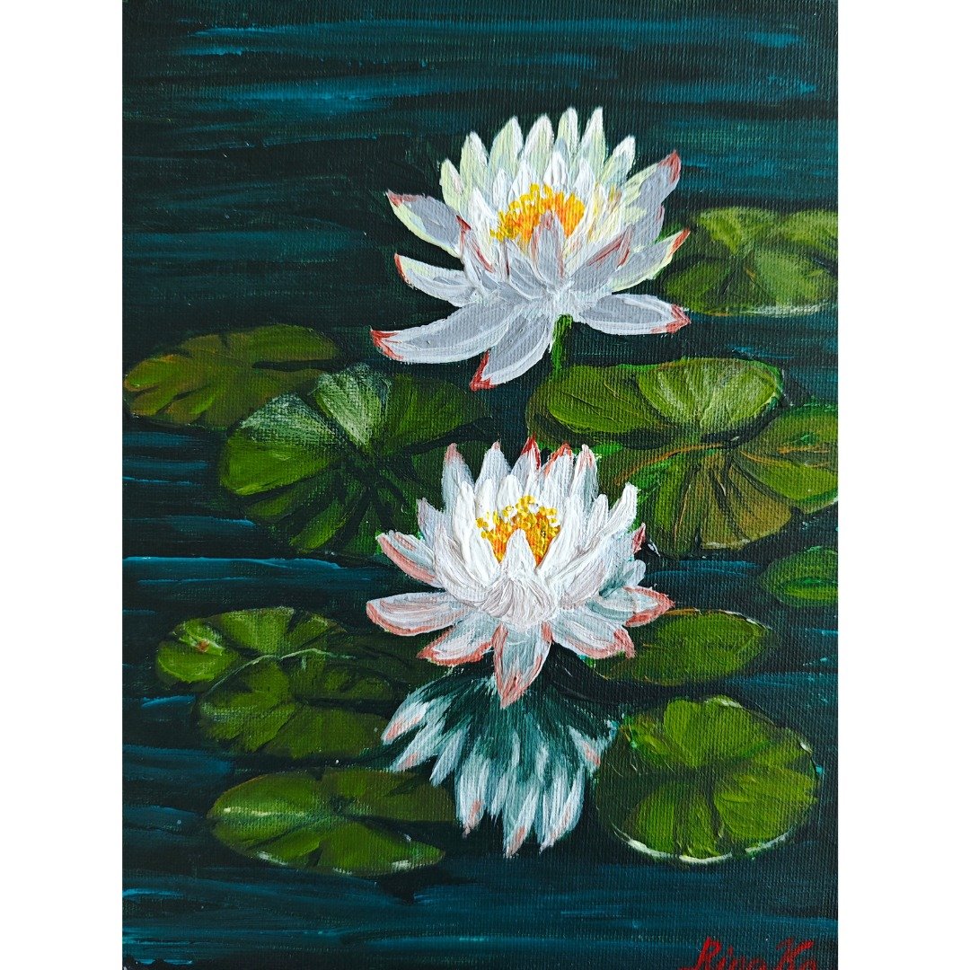 白色睡莲原创艺术花卉绘画独特的墙壁装饰由 RinaArtSK 制作 - 墙贴/壁贴 - 其他材质 多色