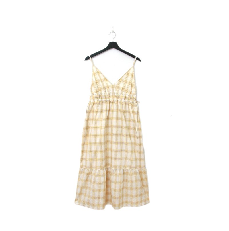 Back to Green-复古长洋装 细肩带 黄格纹 Ls-48//vintage dress - 洋装/连衣裙 - 棉．麻 