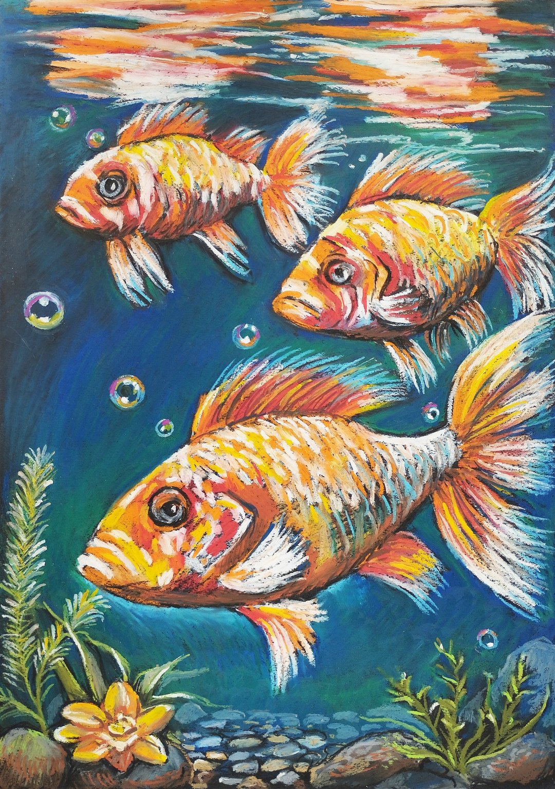 鱼鲤鱼是神话般的鱼画油画蜡笔画明亮的鱼海艺术 - 墙贴/壁贴 - 纸 蓝色