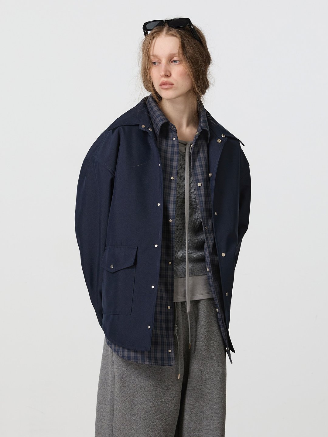 海軍藍 尼龍假兩件格紋襯衫派克棉服外套 - 女装休闲/机能外套 - 棉 蓝色