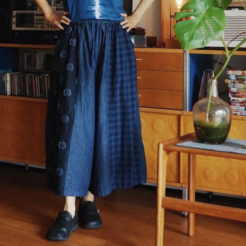 深藍色 中性大闊形寬褲牛仔波點藍格拼布  寬松闊腿裙褲 - 女装长裤 - 棉．麻 蓝色