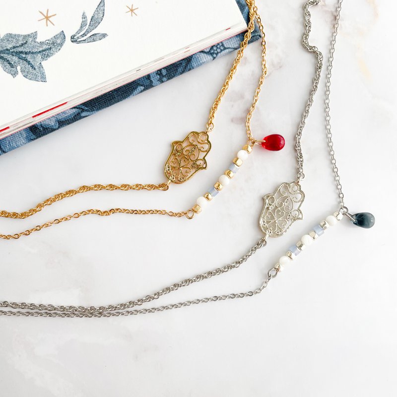 法蒂玛手中的太阳和月亮 / 2 股项圈项链 SV100 - 锁骨链 - 其他金属 金色