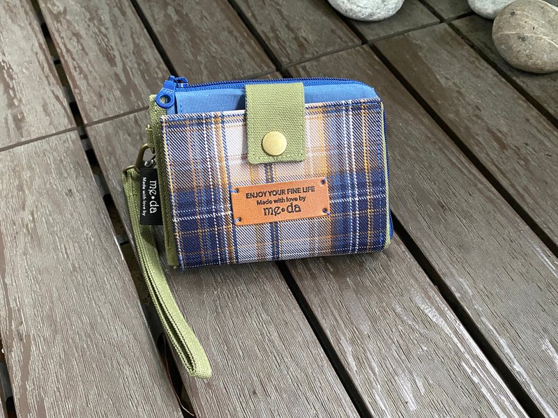 6 Coin 短夹 静蓝格语 - 皮夹/钱包 - 棉．麻 蓝色