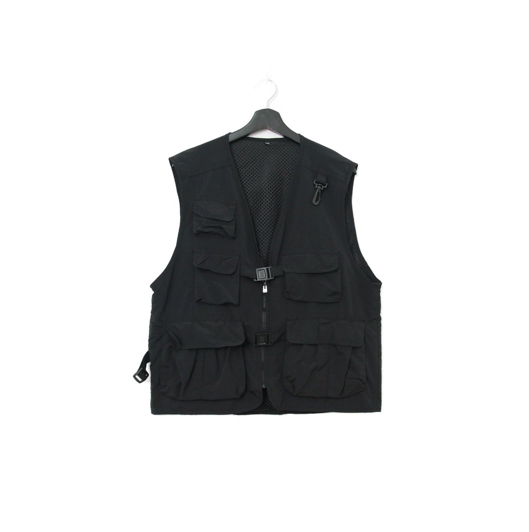 Back to Green-经典钓鱼背心 黑网格 多口袋 v-16/vintage vest - 男装背心 - 棉 