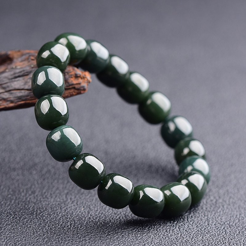 极品天然和田玉塔青料12MM老型珠手串 颗颗精选 玉质细腻有光泽 - 手链/手环 - 玉石 