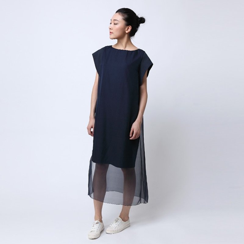 不服 桑蠶絲假兩件双层飘逸連衣裙 洋裝 深藍  D151217 - 洋装/连衣裙 - 其他材质 蓝色