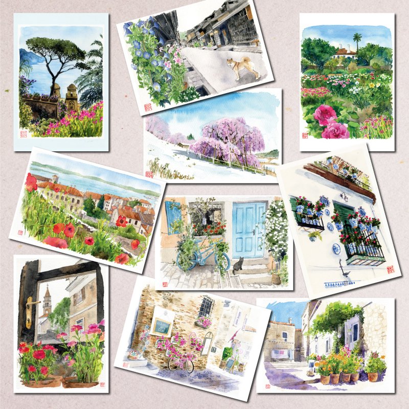 水彩画ポストカード10枚セット/花咲く風景B - 卡片/明信片 - 纸 