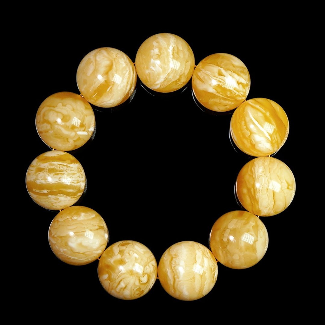 【正佳珠宝】蜜蜡琥珀 搜藏级妖花白蜜 22.8-23.3mm 妖花蜜蜡手珠 - 手链/手环 - 半宝石 多色