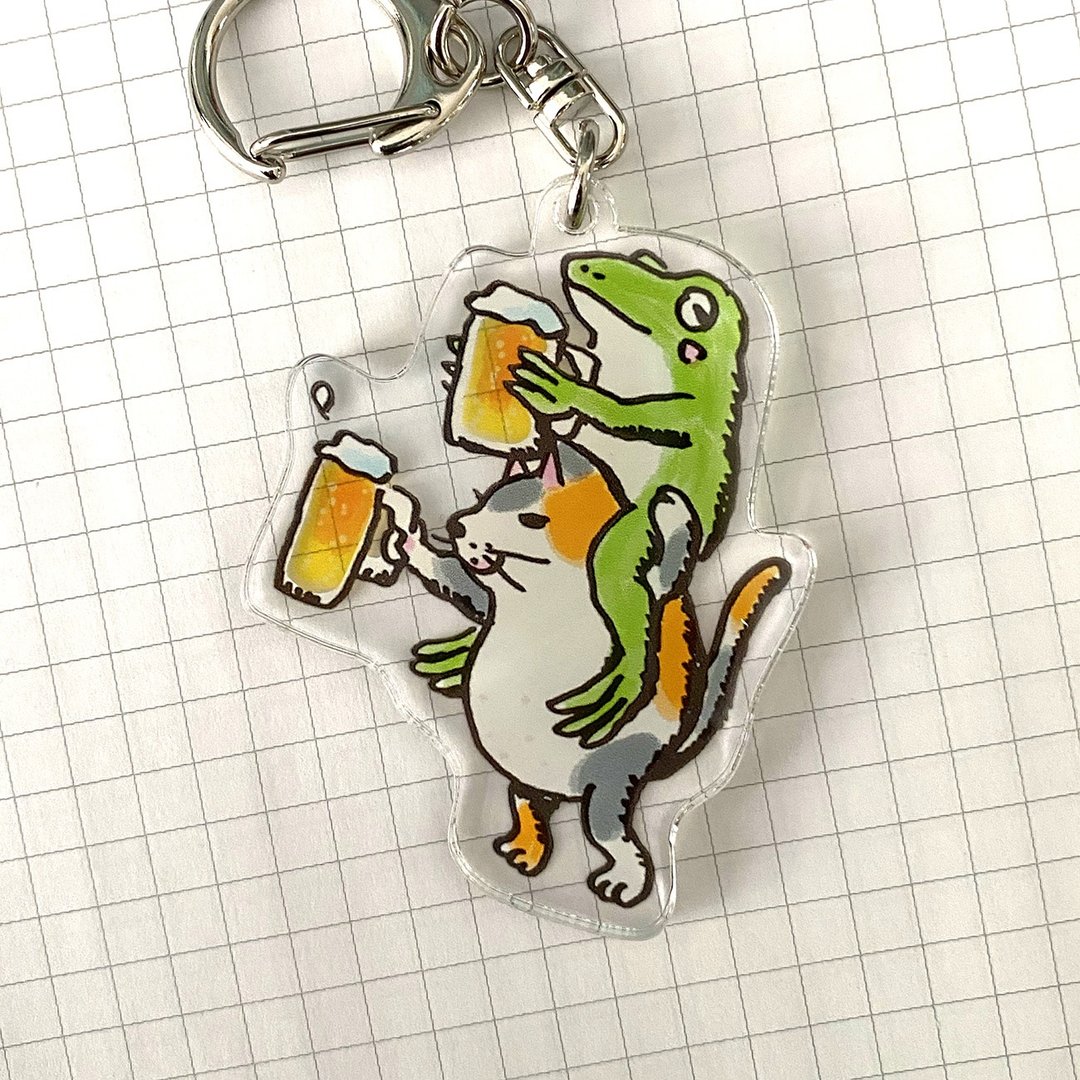 Acrylic Key Chain Cat and Blue Frog Cheers - 钥匙链/钥匙包 - 纸 橘色