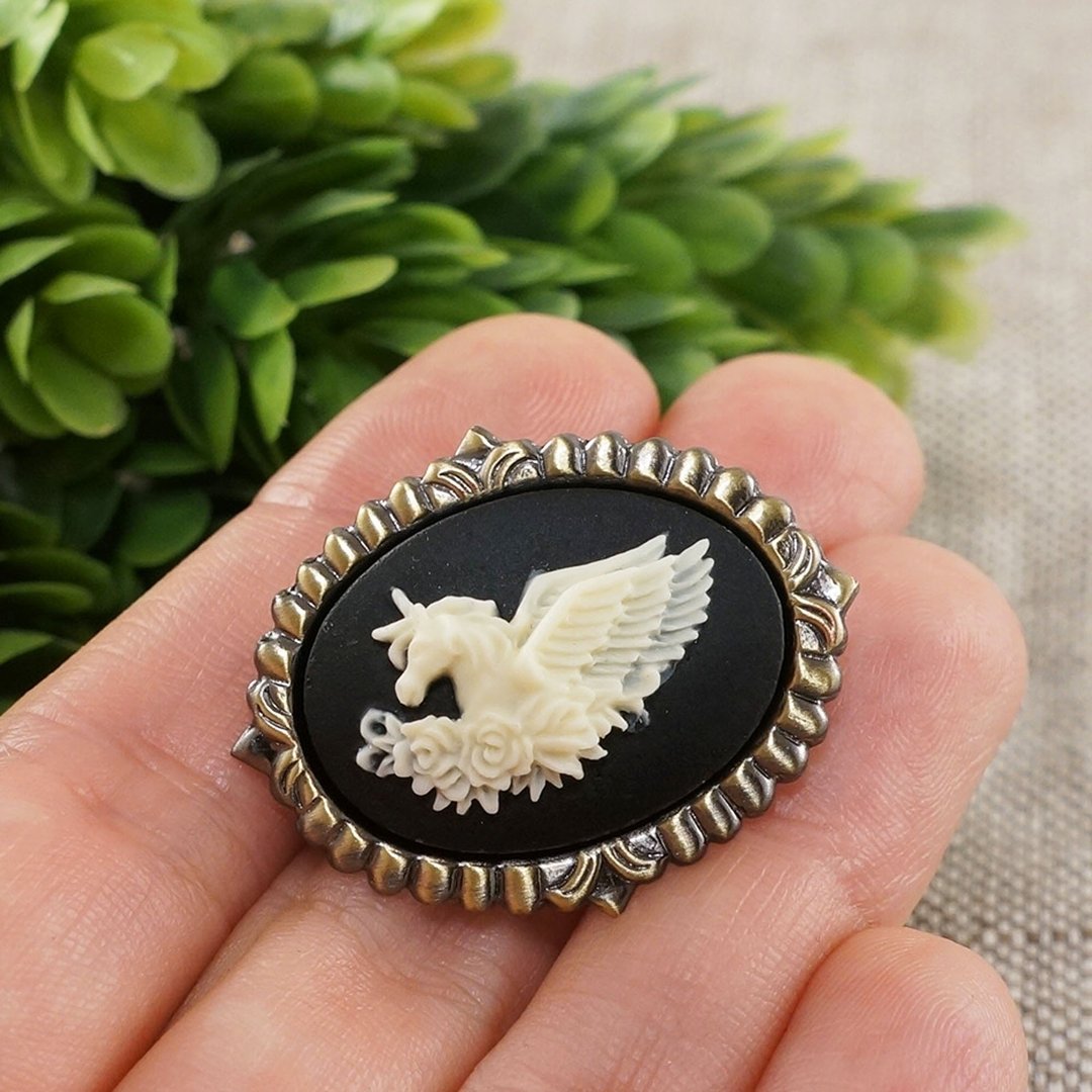 Unicorn Pegasus Mythical Horse Cameo Brooch Pin and Pendant 2 in 1 Woman Jewelry - 胸针 - 其他材质 黑色