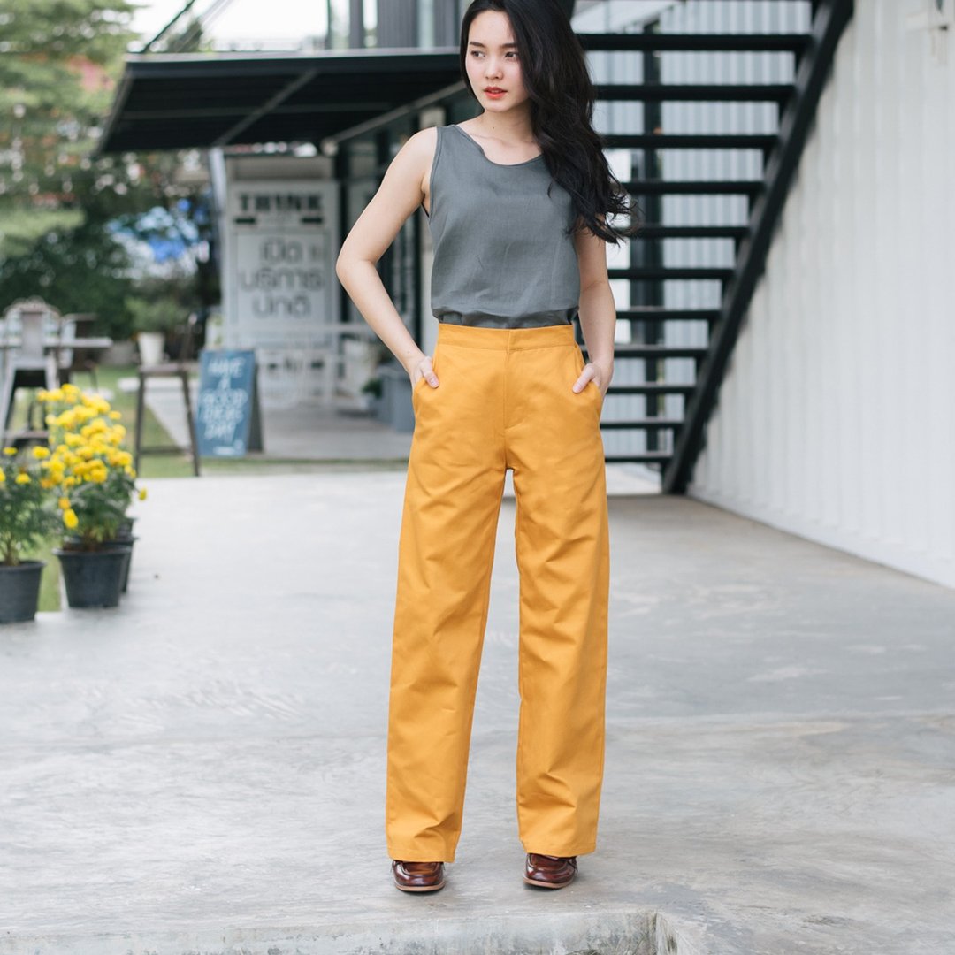 【Off-season sale】Long and Width Pants - Yellow - 女装长裤 - 棉 黄色