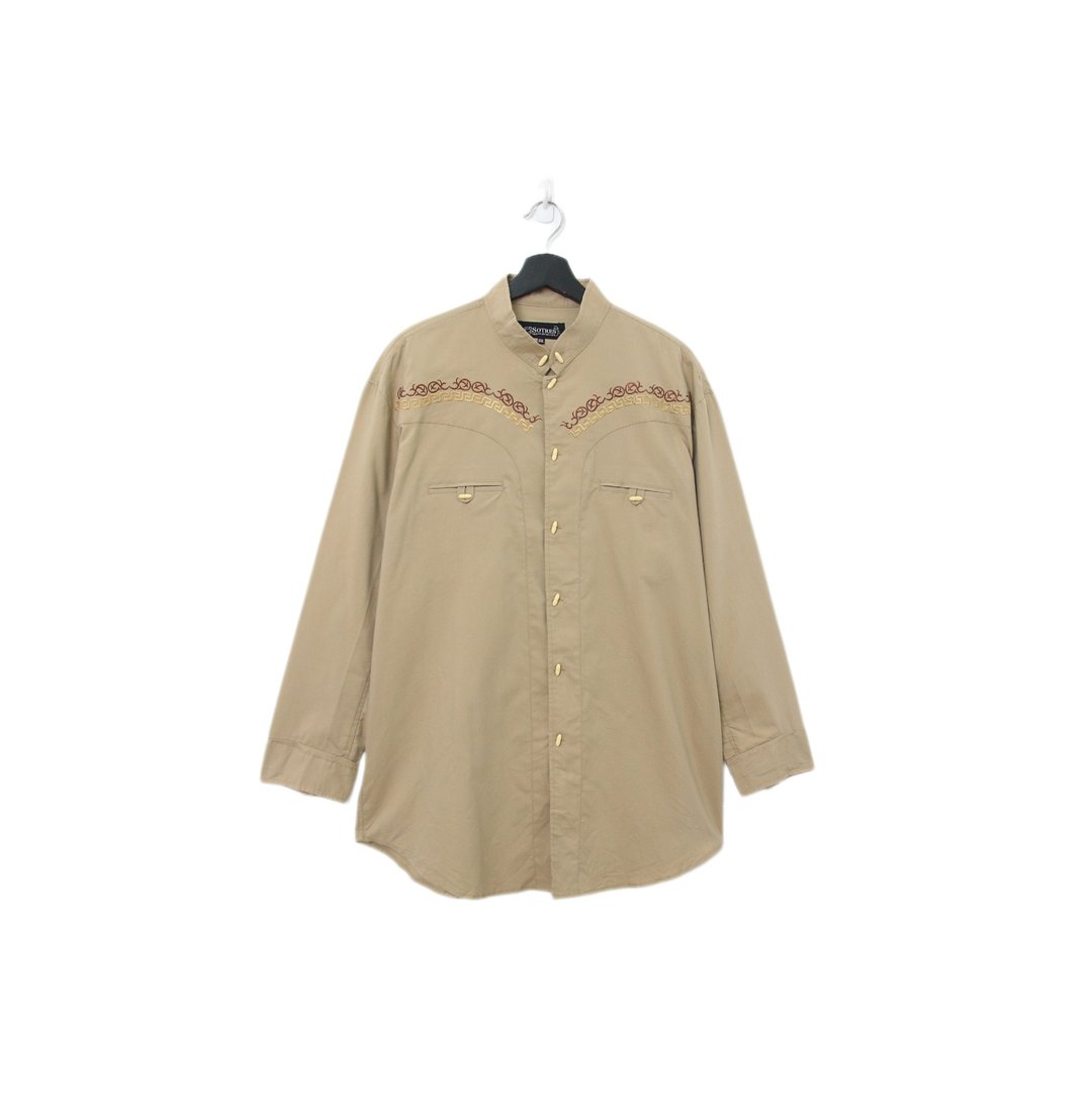 Back to Green-长袖衬衫 卡其 刺绣纹路 T-07//vintage shirt - 男装衬衫 - 棉 