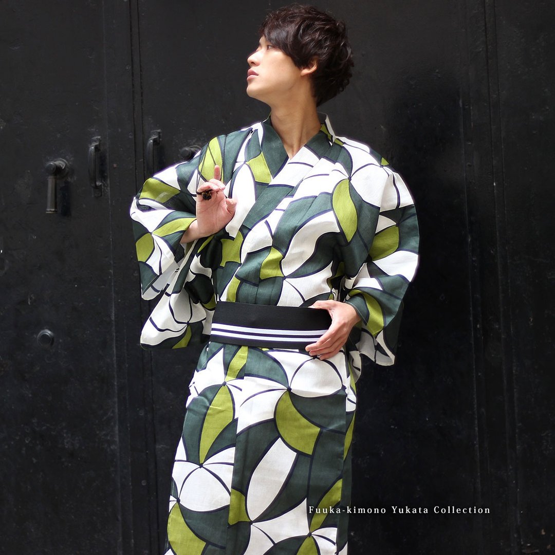 日本 和服 男 浴衣 腰封 2件 套组 绵麻 M L LL Z16-106a yukata - 其他 - 棉 绿色