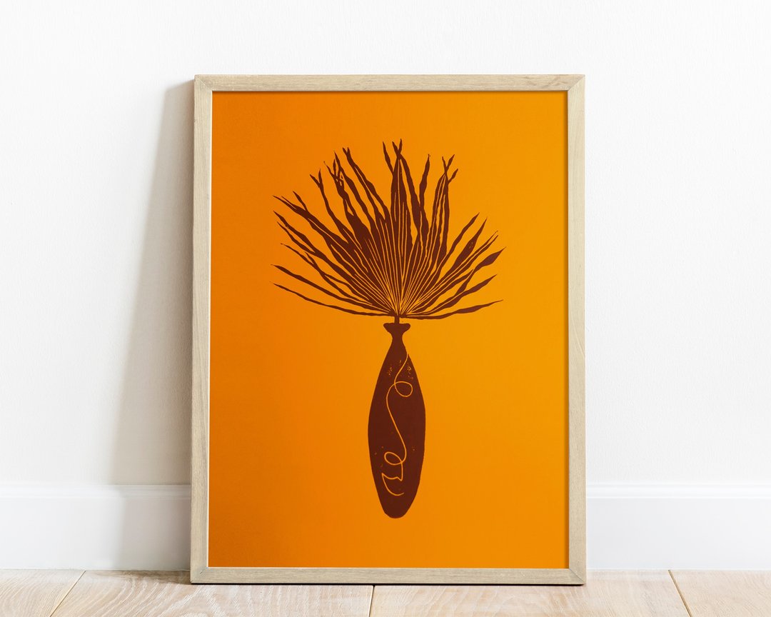 Linocut 印花黄色和棕波西米亚花瓶，饰有植物墙艺术新家居礼物 - 海报/装饰画/版画 - 纸 橘色