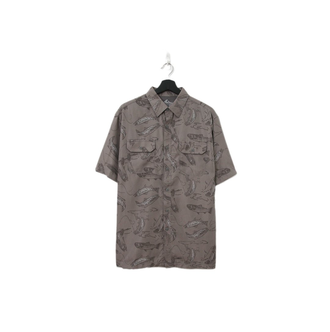Back to Green-鱼图腾短袖衬衫 灰棕 鱼轮廓 ff-07 vintage shir - 男装衬衫 - 棉 