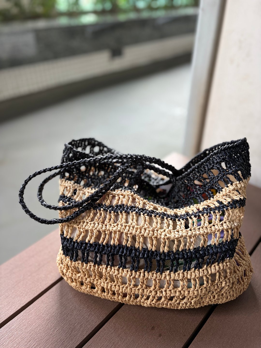 Handmade 黑米色条纹手作编织包 - 手提包/手提袋 - 其他材质 黑色