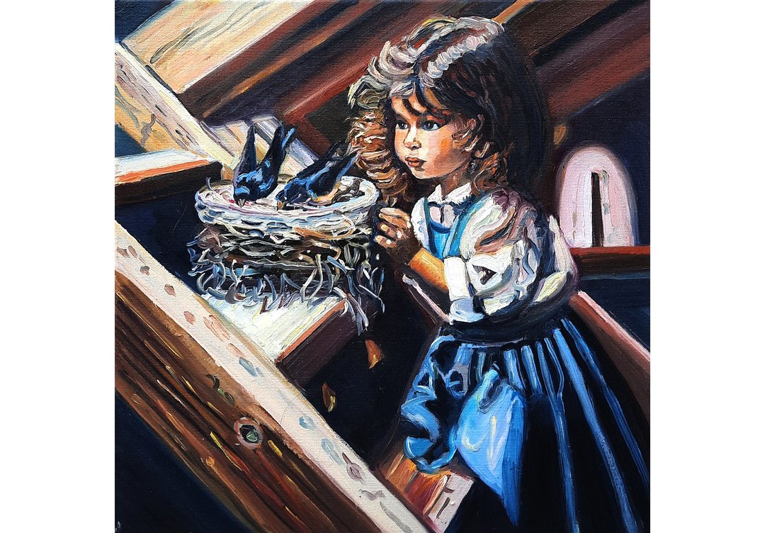 原创画 燕子与女孩 艺术绘画 原创艺术 油画 油画 - 墙贴/壁贴 - 其他材质 咖啡色