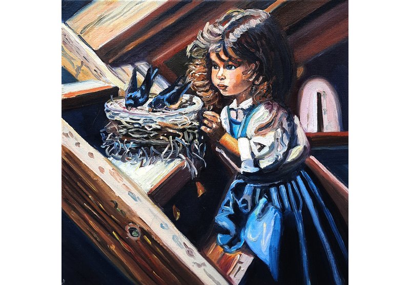 原创画 燕子与女孩 艺术绘画 原创艺术 油画 油画 - 墙贴/壁贴 - 其他材质 咖啡色